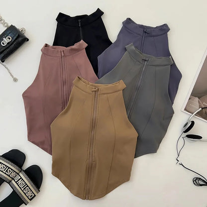 “Flexoora Women’s Zipper Sleeveless Slim Yoga Vest – Chest‑Pad Training Top”