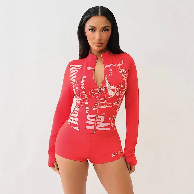 “Flexoora Women’s 2‑Piece Zipper Sweatshirt & Biker Shorts Set – Summer Streetwear”