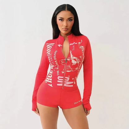 “Flexoora Women’s 2‑Piece Zipper Sweatshirt & Biker Shorts Set – Summer Streetwear”