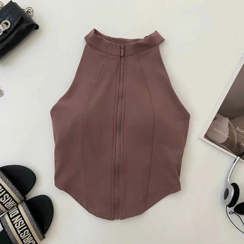 “Flexoora Women’s Zipper Sleeveless Slim Yoga Vest – Chest‑Pad Training Top”