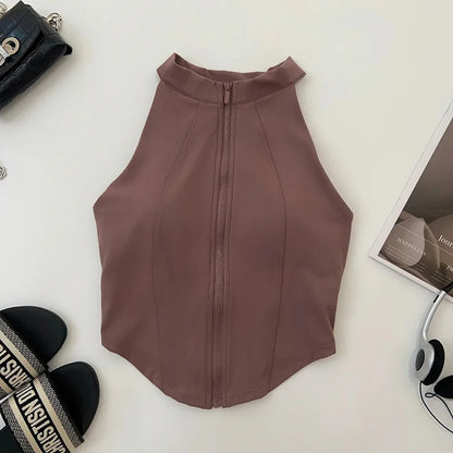 “Flexoora Women’s Zipper Sleeveless Slim Yoga Vest – Chest‑Pad Training Top”