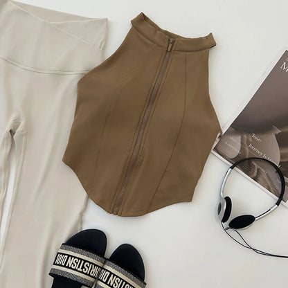 “Flexoora Women’s Zipper Sleeveless Slim Yoga Vest – Chest‑Pad Training Top”