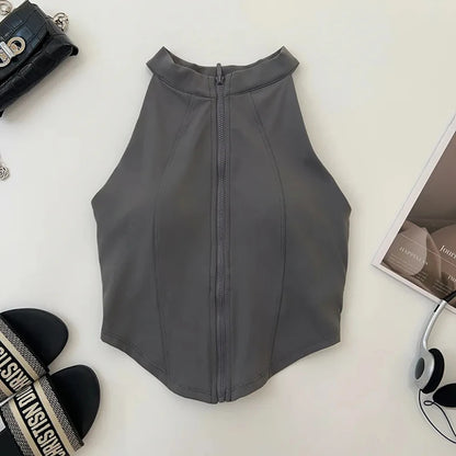 “Flexoora Women’s Zipper Sleeveless Slim Yoga Vest – Chest‑Pad Training Top”