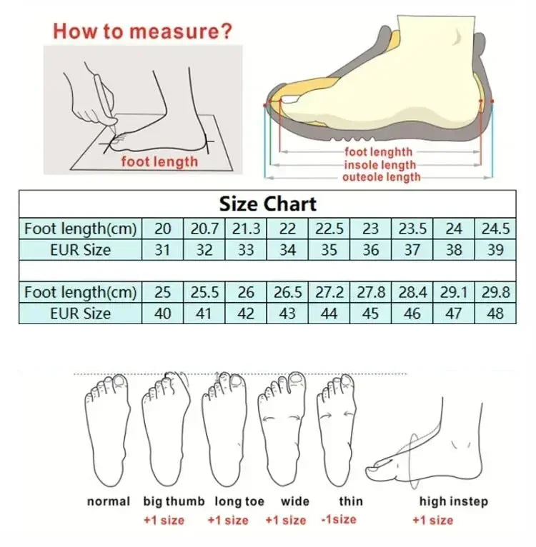 Foot measurement guide with size chart and foot shape illustrations