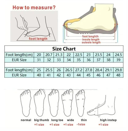 Foot measurement guide with size chart and foot shape illustrations