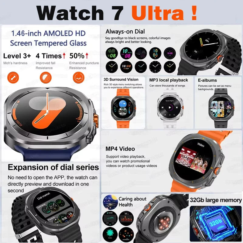 2025 New Watch 7 Ultra Smart Watch Men 32GB Memory Video GPS NFC 47mm AMOLED Fitness Waterproof Sport Tracker Health Smartwatch