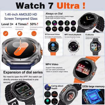 2025 New Watch 7 Ultra Smart Watch Men 32GB Memory Video GPS NFC 47mm AMOLED Fitness Waterproof Sport Tracker Health Smartwatch