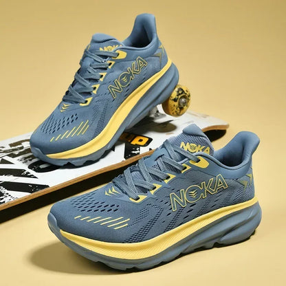 Blue and yellow running shoes with 'Noka' branding on a beige background
