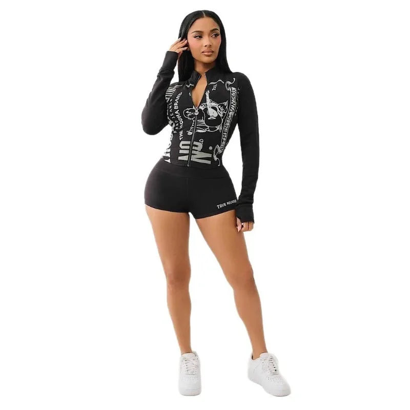 “Flexoora Women’s 2‑Piece Zipper Sweatshirt & Biker Shorts Set – Summer Streetwear”