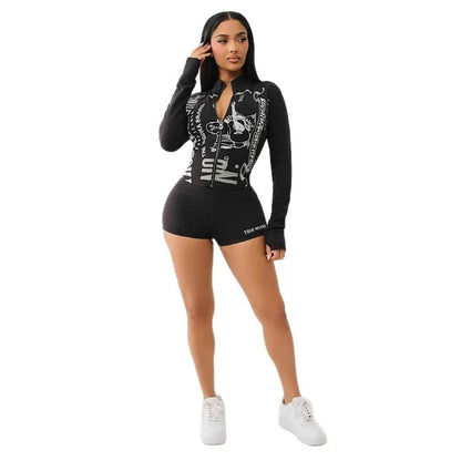 “Flexoora Women’s 2‑Piece Zipper Sweatshirt & Biker Shorts Set – Summer Streetwear”