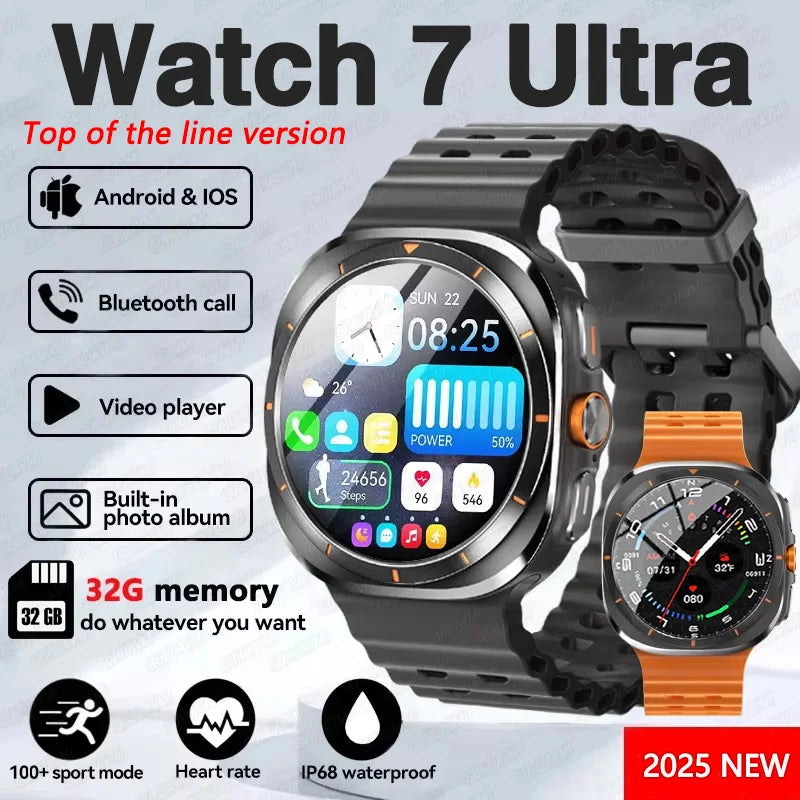 2025 New Watch 7 Ultra Smart Watch Men 32GB Memory Video GPS NFC 47mm AMOLED Fitness Waterproof Sport Tracker Health Smartwatch