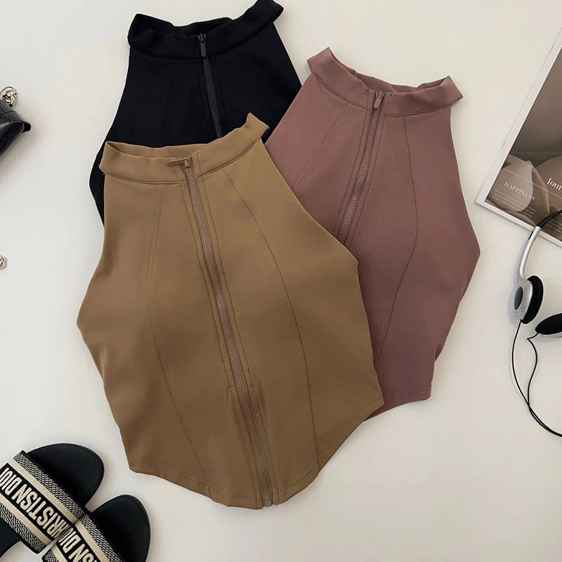 “Flexoora Women’s Zipper Sleeveless Slim Yoga Vest – Chest‑Pad Training Top”