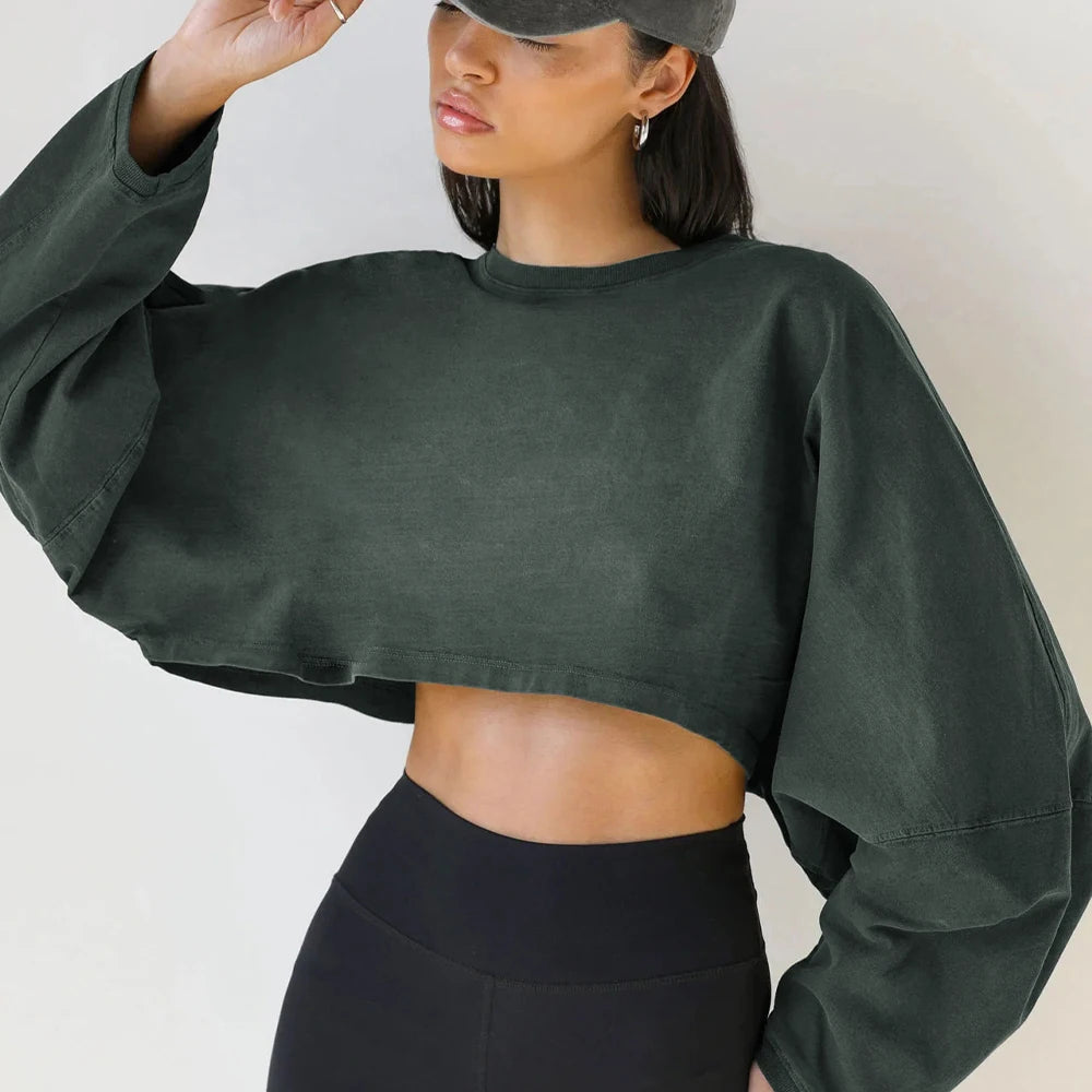 “Flexoora Women’s Loose Long‑Sleeve Crop Training Tee”