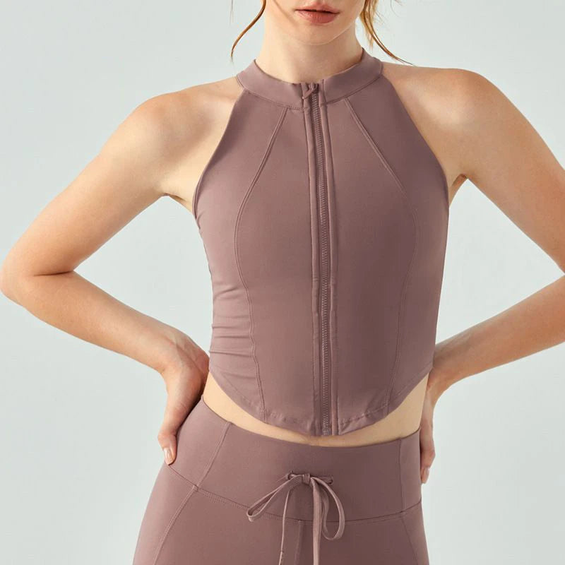 “Flexoora Women’s Zipper Sleeveless Slim Yoga Vest – Chest‑Pad Training Top”