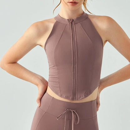 “Flexoora Women’s Zipper Sleeveless Slim Yoga Vest – Chest‑Pad Training Top”