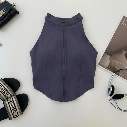 “Flexoora Women’s Zipper Sleeveless Slim Yoga Vest – Chest‑Pad Training Top”