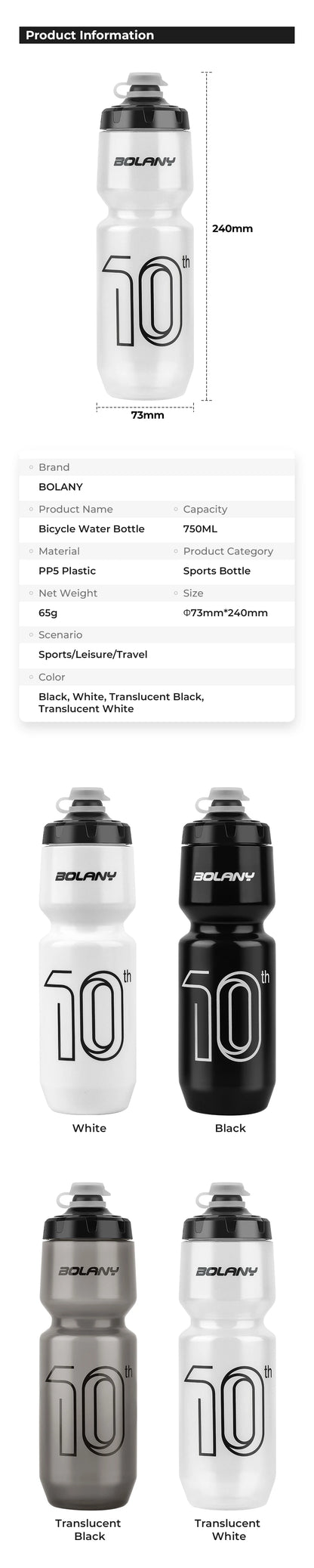 BOLANY 750ML Sports Bottle Ultralight Transparent Plastic Kettle with lid Portable Bottle Squeeze Drinking Cycling Supplie