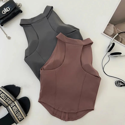 “Flexoora Women’s Zipper Sleeveless Slim Yoga Vest – Chest‑Pad Training Top”