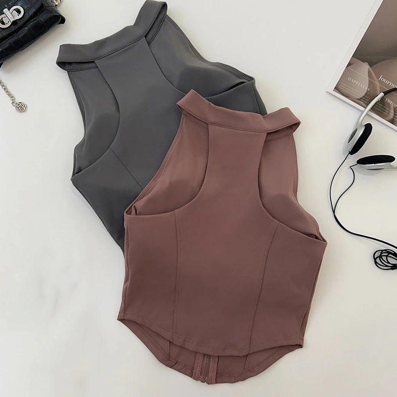 “Flexoora Women’s Zipper Sleeveless Slim Yoga Vest – Chest‑Pad Training Top”