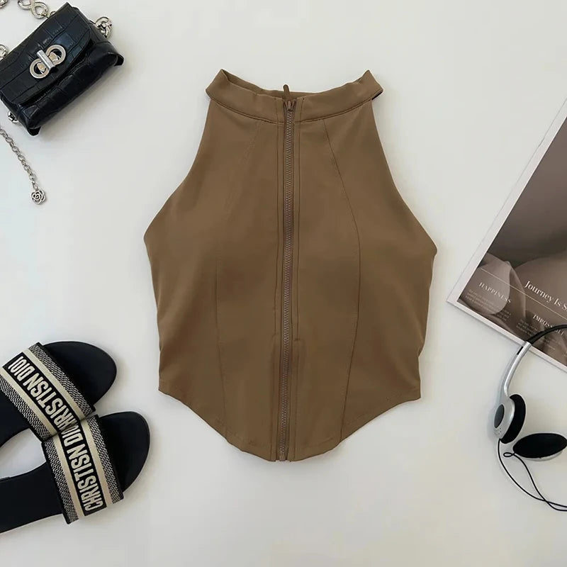 “Flexoora Women’s Zipper Sleeveless Slim Yoga Vest – Chest‑Pad Training Top”