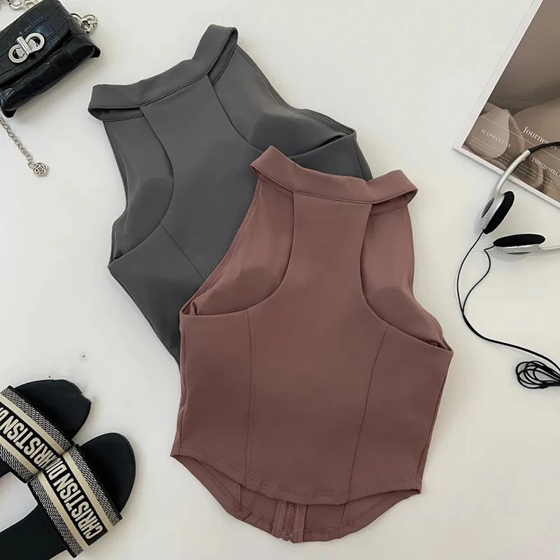 “Flexoora Women’s Zipper Sleeveless Slim Yoga Vest – Chest‑Pad Training Top”