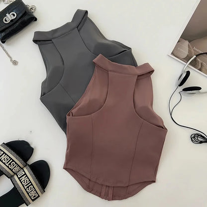 “Flexoora Women’s Zipper Sleeveless Slim Yoga Vest – Chest‑Pad Training Top”