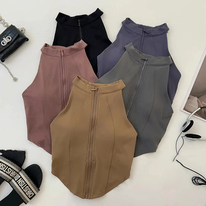 “Flexoora Women’s Zipper Sleeveless Slim Yoga Vest – Chest‑Pad Training Top”